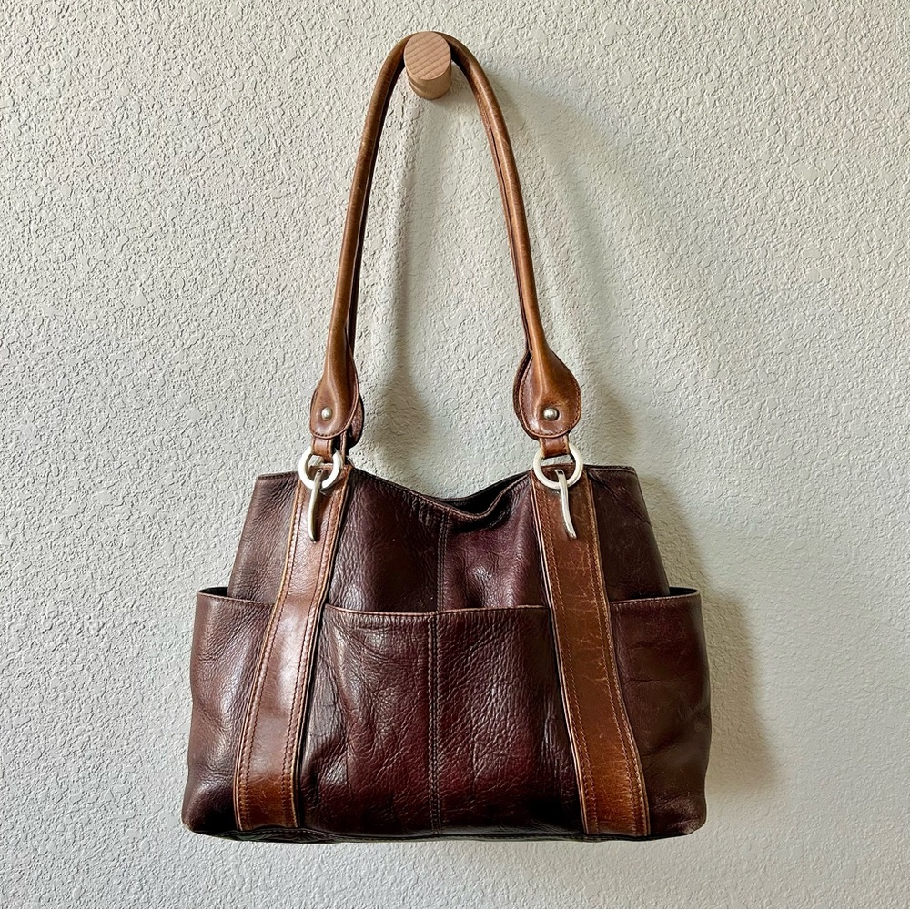 Claire Chase Brown Leather Shoulder Bag Double Handle Magnetic Closure
